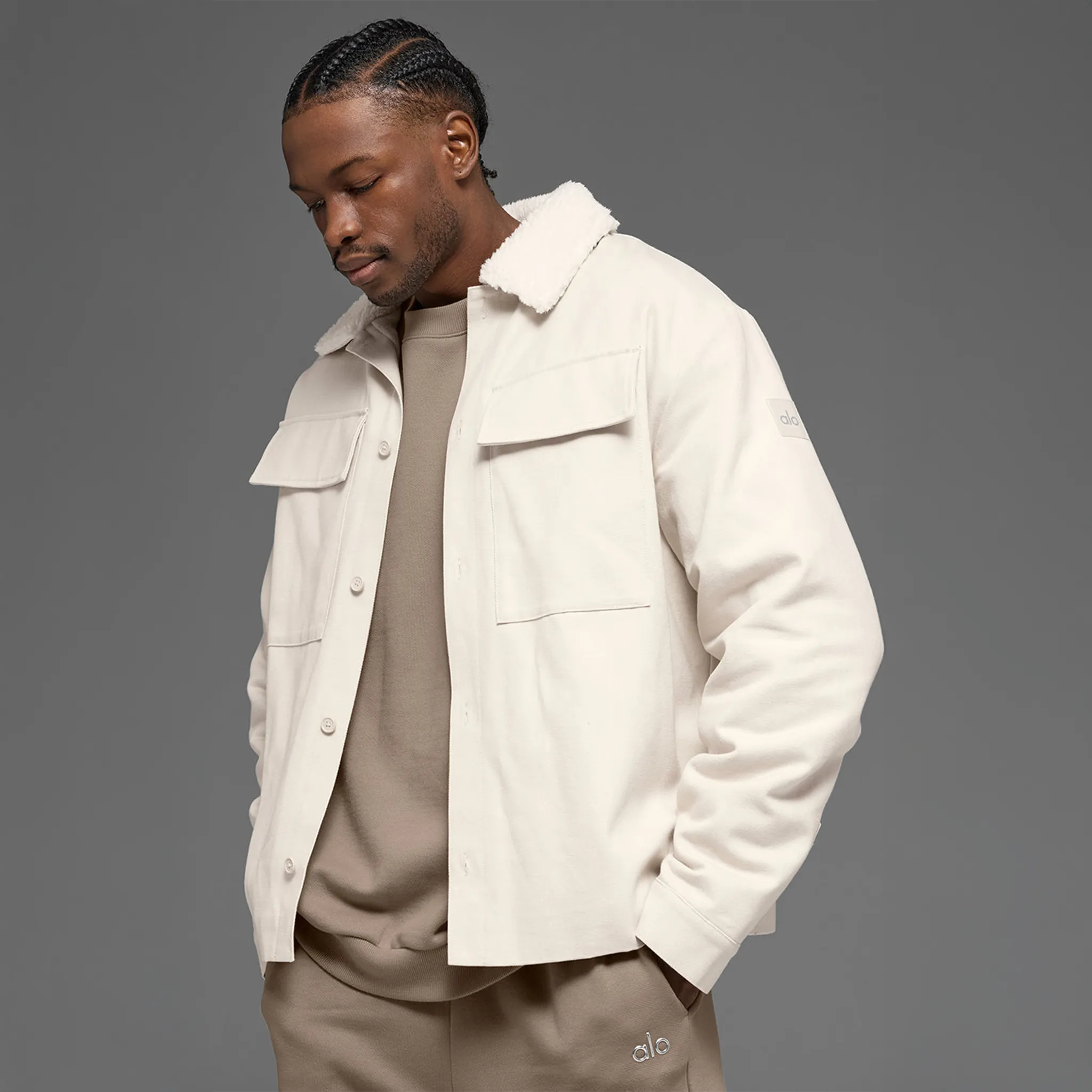 Front View of Alo Yoga Canvas Utility Bone Shacket Jacket